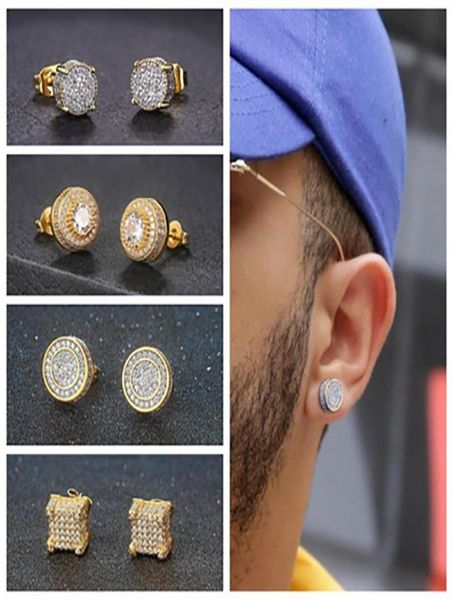 

mens hip hop iced out bling cz stud earrings geometric square round gold color micro pave cubic zircon studs earring for men women4941692, Golden;silver