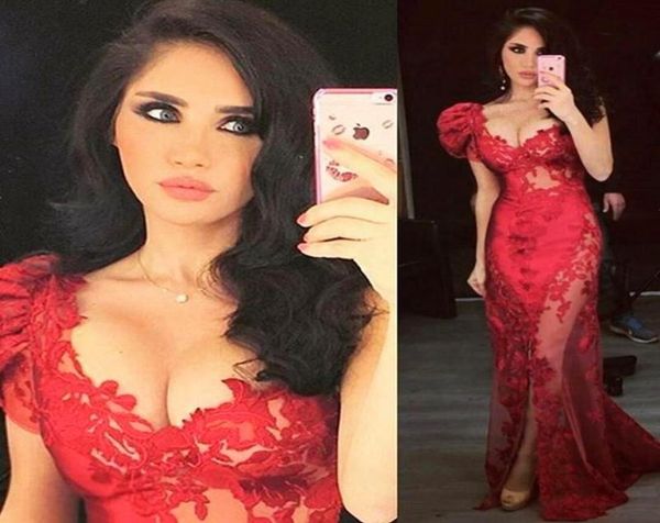 

red lace mermaid evening dresses plunging v neck appliques see through floor length evening gowns8195486, Black;red