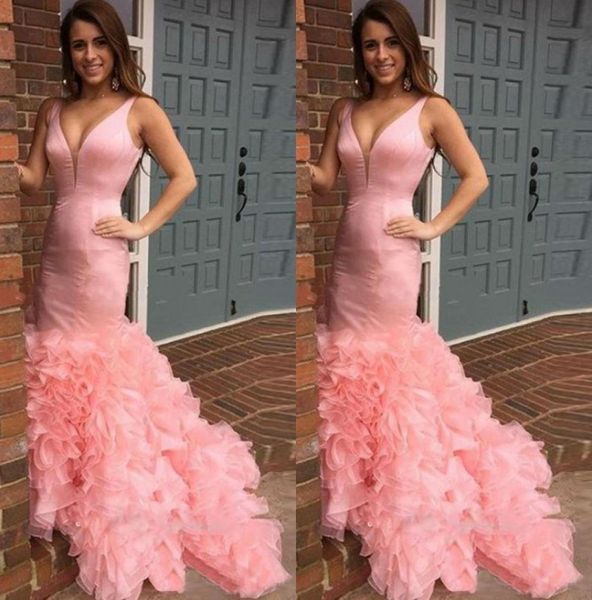 

pink organza ruffles prom dresses deep v neck mermaid evening gowns cocktail formal party gowns3606853, Black