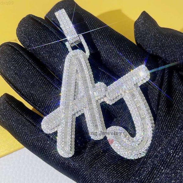 

iced out drop shipping hip hop white gold vvs baguette cut custom moisasniet pendant aj, Silver