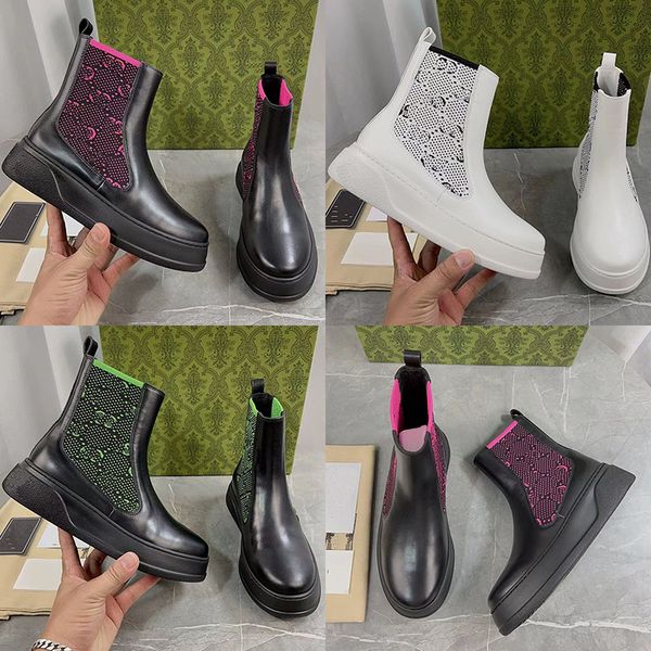 

2023 designer luxury knitted patchwork chelsea boots womens 100% leather stretch knitting outdoor party printed letter ankle boot ladys elas, Black