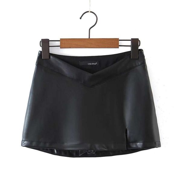 

fashionable mini skirt with pu leather waist side slits spring black high waisted anti revealing