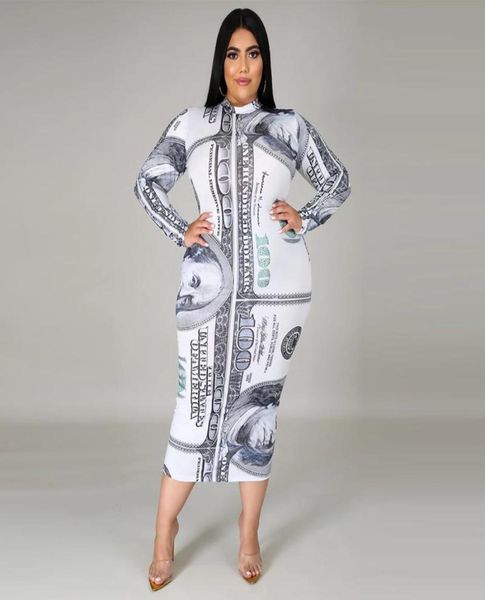 

plus size drs zjfzml zz women clothing dress 2022 money dollar print long sleeve bodycon mid calf drop wholesale4290217, Black