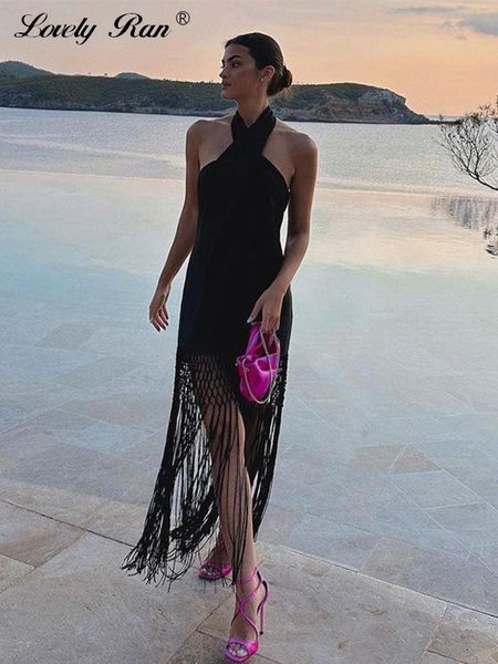 

basic casual dresses halter dres black tassel backless linen sleeveless female 2023 summer fashion beach long lady vestidos 230823, Black;gray