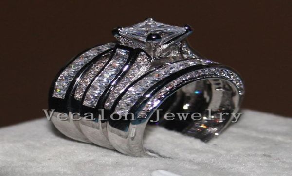 

vecalon fine jewelry princess cut 20ct 5a zircon cz wedding band ring set for women 14kt white gold filled finger ring2115706, Slivery;golden
