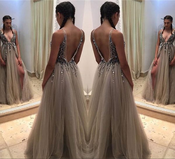 

long deep v neck prom dress front split sparkly bodice sleevless evening party gown custom made plus size1941866, Black