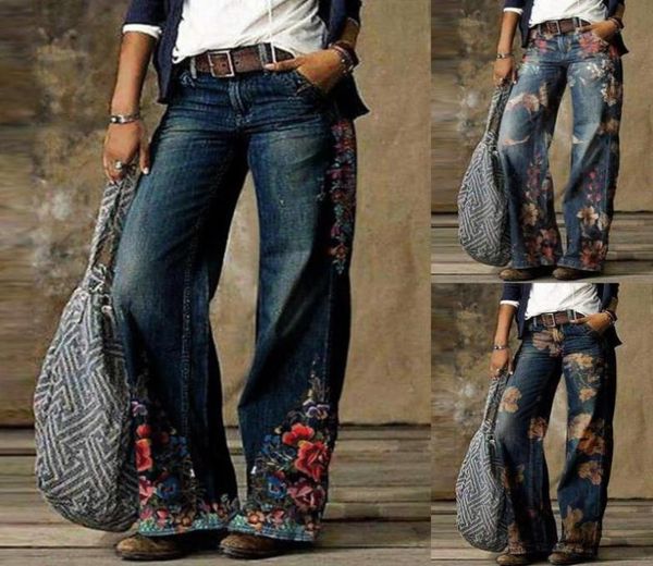 

women autumn winter elegant floral print denim pants casual plus size loose jeans vintage ladies wide leg jean trouser5401270, Black;white