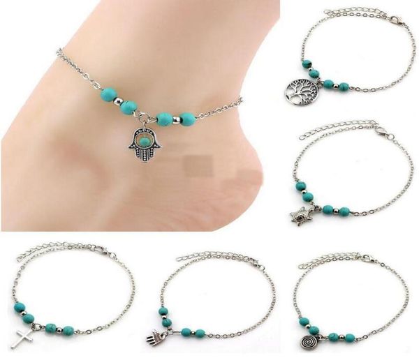 

6 styles bohemian turquoise anklets women beach foot chains cross tree turtles conch fatima039s hand anklet for ladies fashion 2340570, Red;blue