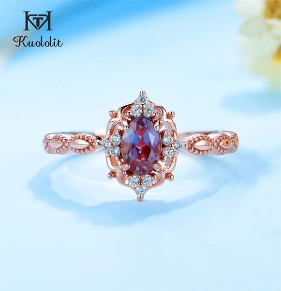 

kuololit lab grown alexandrite gemstone ring for women real 925 sterling silver size 10 oval ring engagement milgrain 2202227618948, Slivery;golden