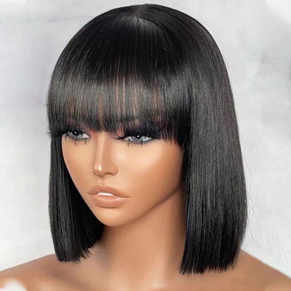 

220%density Short Straight Bob with Bang Human Hair Wigs Highlight Bob Fringe No Lace Full Machine Made Cheap Wigs for Women 8-16, Black