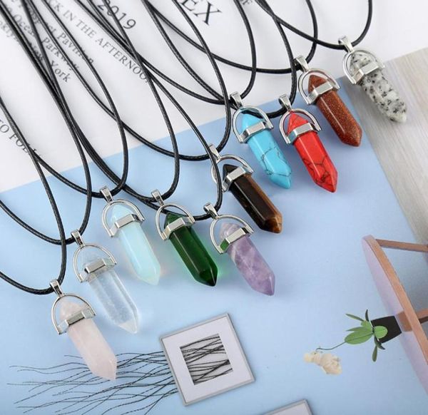 

new hexagonal prism bullet necklaces for women men natural healing crystals quartz point stone pendant string rope chains fashion 8827453, Silver