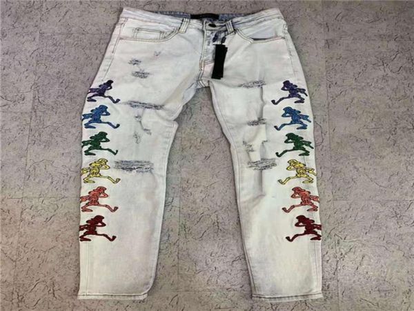 

mens jeans men denim casual pleated embroidery patchwork pants classic applique fashion holes white motorcycle biker slim skinny w7965868, Blue