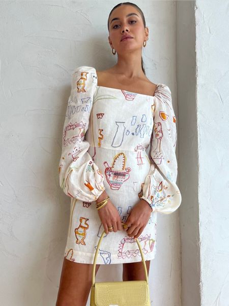 

basic casual dresses printed holiday dres long puff sleeve high waist square collar a line mini female beach summer party robe 230822, Black;gray