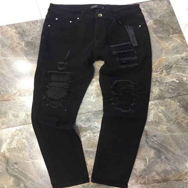 

new stryle mens jeans designer leather patched wrinkles jeans biker denim fashion hop hop fold pants us uk size 2938266n, Blue