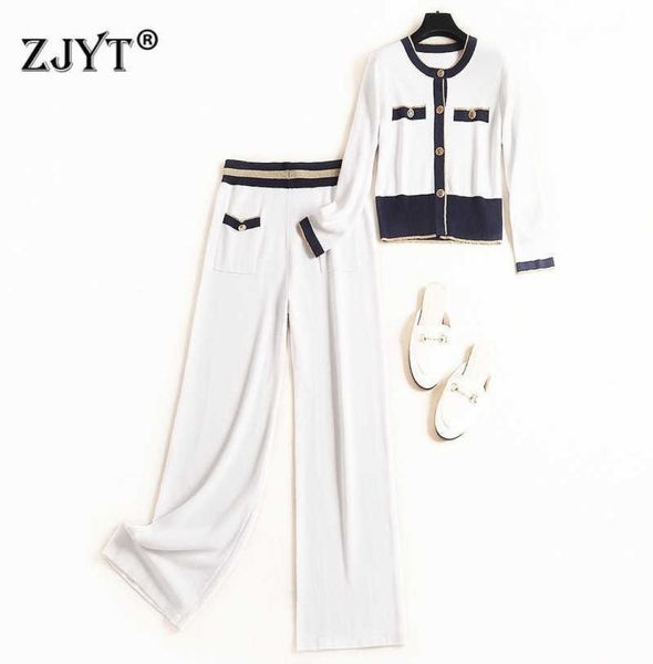 

autumn designer fashion runway suit women long sleeve color block knitting cardigans and pants 2piece set elegant outfit 210604644654, White
