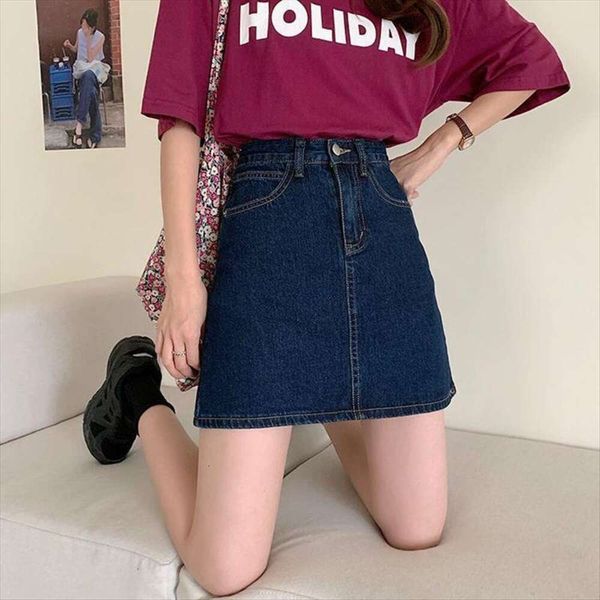 

revintage dark denim skirt high waist slim fit hip wrap korean a line spring and summer short, Black