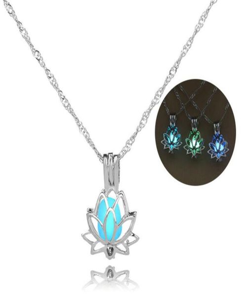 

luminous glowing in the dark moon lotus flower shaped pendant necklace for women yoga prayer buddhism choker jewelry accessories b1181312, Silver