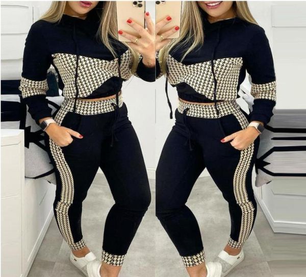 

spring autumn women two piece pants set casual tracksuits fashion black plaid printed hooded sweatshirt and pants ladies sport sui8151979, White