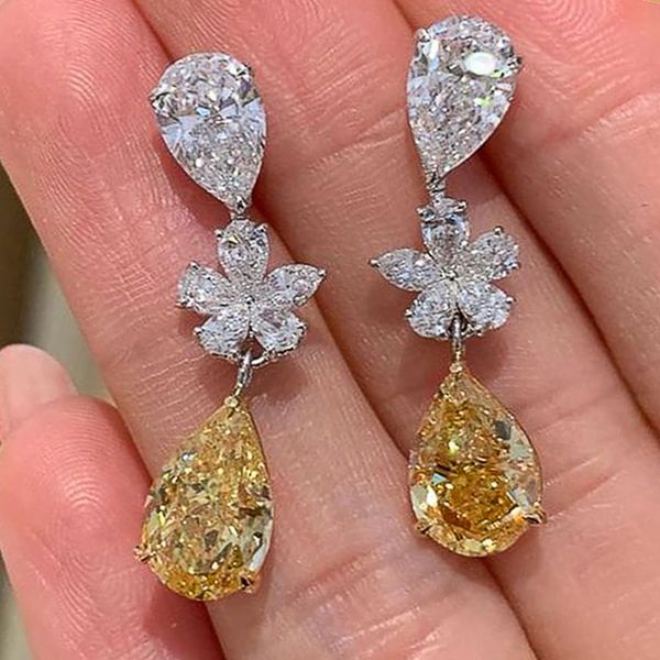

stud huitan aesthetic bride wedding earrings with pear yellow cubic zirconia flower design for women luxury trendy jewelry 230823, Golden;silver