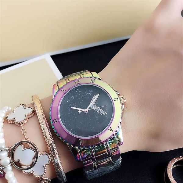 

brand quartz wrist watch for women girl big letters crystal metal steel band watches m105253c, Slivery;brown