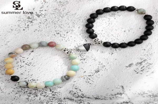 

beaded strands 2pcs natural stone beads bracelet set for women men attractive distance heart magnetic bracelets friendship couple3925602, Black