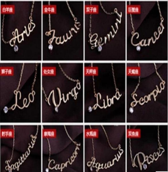 

fashion jewelry 12 zodiac signs letter pendants necklace womens ladies chokers sweater chain vintage twelve constellations letter 3211009, Silver