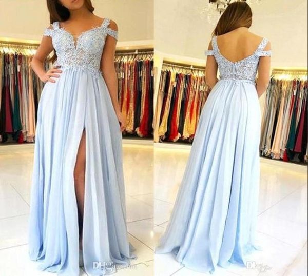 

sky blue chiffon long bridesmaid dresses spaghetti straps lace applique ruched split plus size maid of honor wedding guest dress4721198, White;pink