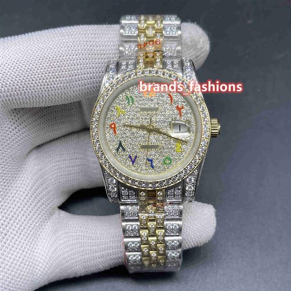 

latest men's iced diamond wristwatch gold face color arabic scale bi-gold diamonds strap watch full automatic mechanical watc2818, Slivery;brown