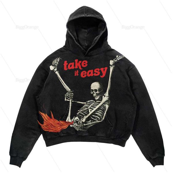 

men's hoodies sweatshirts hip hop funny skull spits fire print hoodies women streetwear oversized hoodie vintage couples sweatshirt got, Black