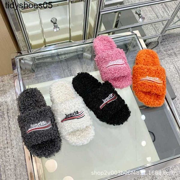 

paris plush slippers for women wearing autumn and winter new balenciga letter embroidery flat bottomed one line slippers for home anti-skid, Black