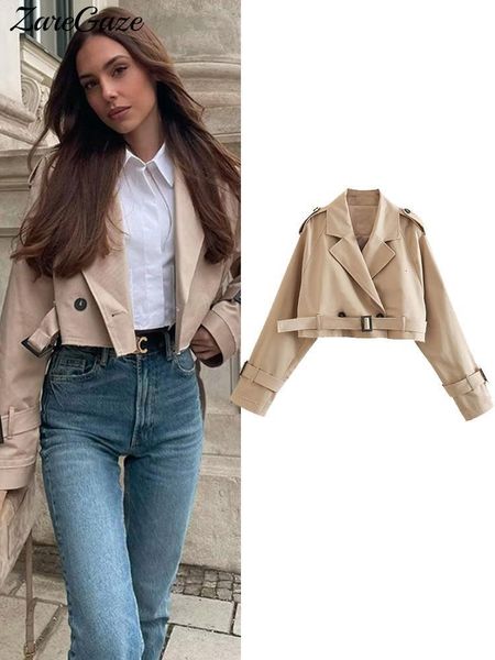 

women's jacket's short jacket khaki cropped trench coat lapel collar long sleeve jackets with belt female spring streetwear 230822, Black;brown