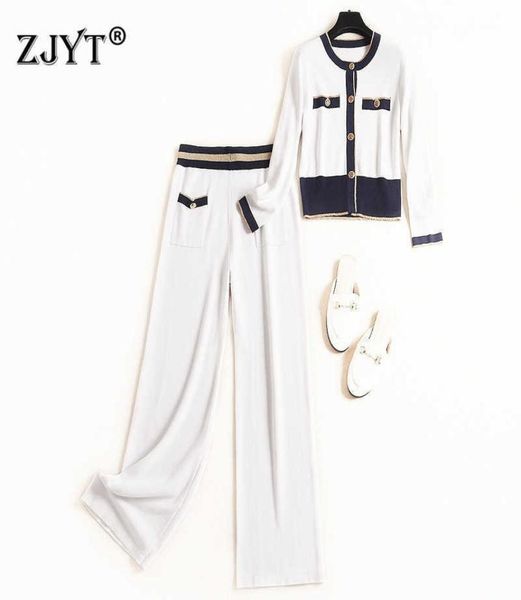 

autumn designer fashion runway suit women long sleeve color block knitting cardigans and pants 2piece set elegant outfit 210601425667, White