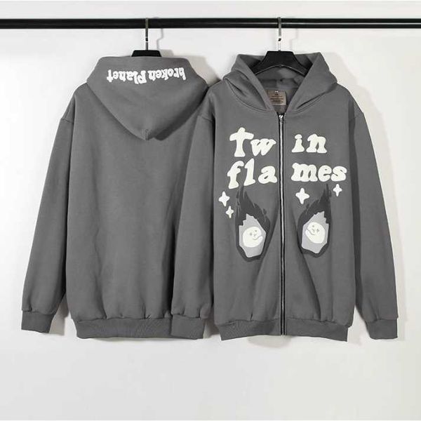 

broken planet american high street bp twin flame foaming zipper hoodie fy2k hoody 3d foam graffiti letter high street hoodie coat pullover w, Black;brown