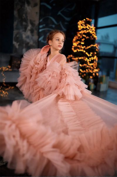 

pink ruffles flower girls dresses for weddings baby party prom pshoot girl dress long sleeve birthday gowns, White;red