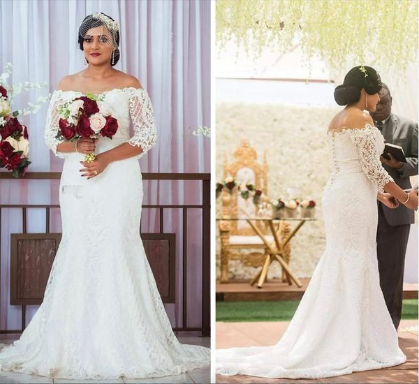 

african plus size wedding dresses off the shoulder lace appliques sweep train dubai arabic mermaid wedding dress long sleeve bridal gowns, White