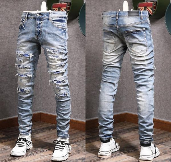 

color rip jeans man biker jeans slim fitness fade washed denim pants4784735, Blue