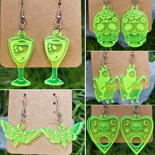 

halloween day of the dead wine cup skeleton cat fluorescent green horror atmosphere tongling ghost moth earrings, Silver