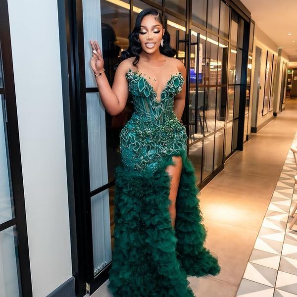 

2023 august aso ebi dark green mermaid prom dress beaded crystals evening formal party second reception birthday engagement gowns dresses ro, Black
