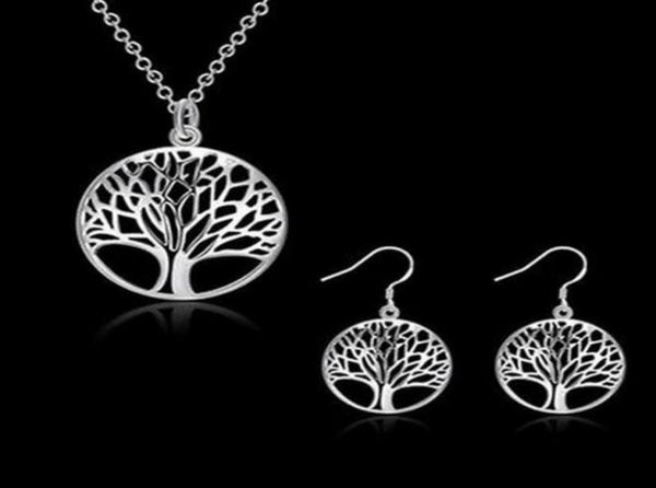 

s fashion women hollowing tree life disk pendant necklace and earrings jewelry set plated golden silvery3885659, Silver