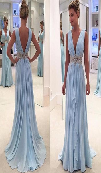 

light sky blue summer chiffon prom dresses plunging v neck pleated crystal beaded evening gowns backless prom dress9295780, Black
