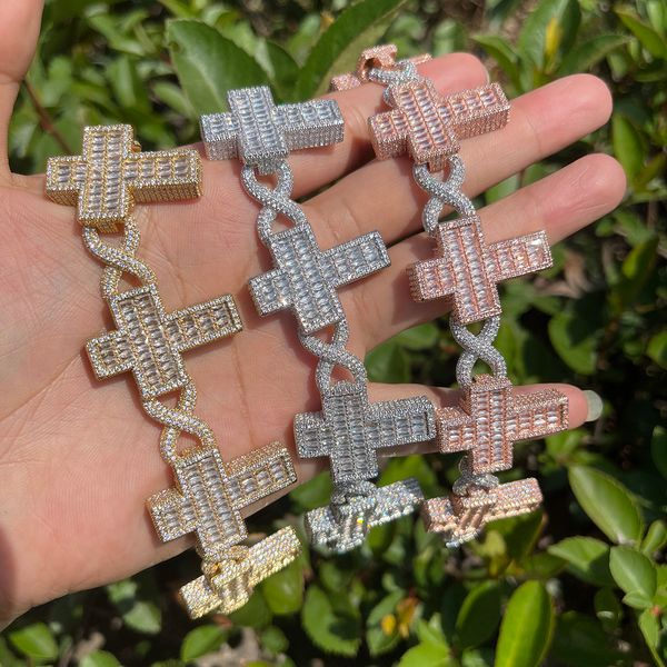 

Charm Bracelets Bubble Letter Iced Out Link Bracelet for Men Baguette Cross Real Gold Plated Cubic Zirconia Hip Hop Jewelry 230822