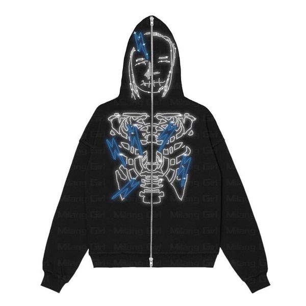 

men's hoodies sweatshirts zip hoodie men goth rhinestones skeleton graphics long sleeve sweatshirt oversized y2k clothes hoodie fashion, Black