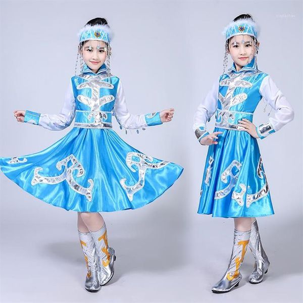 

stage wear minority children mongolian dance skirt kindergarten girls perform costume tibetan1260m, Black;red