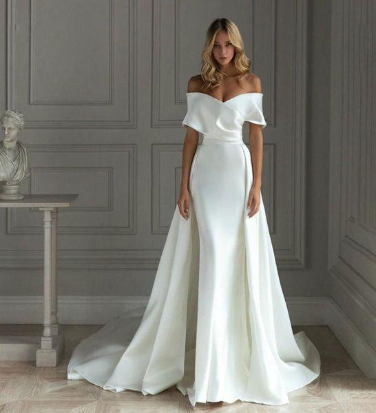 

2021 satin mermaid wedding dress with detachable train off shoulder floor length bride dresses vestido de noiva8137511, White