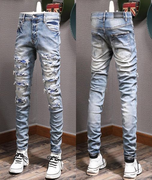 

color rip jeans man biker jeans slim fitness fade washed denim pants4996908, Blue