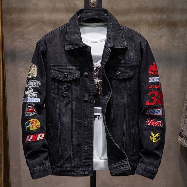 

men's jackets fashion men's embroidered cotton denim jacket with holes and badges streetwear korean fashion motorcycle bomber base, Black;brown