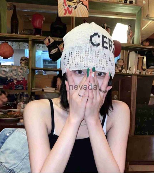 

beanie/skull caps small and trendy thin letter casual knit woven melon skin hat with color matching mesh and hollowed out bean hat j0823, Blue;gray