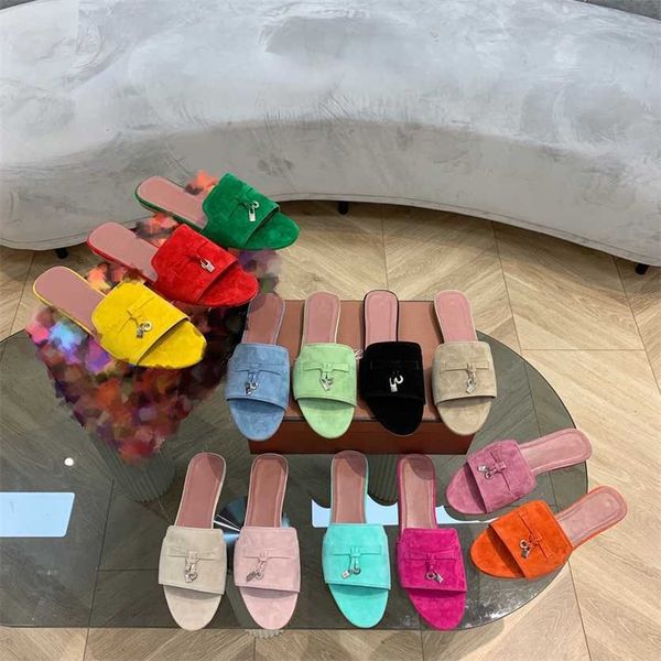 

lp piana summer slipper charms embellished walk suede slippers flat mules casual shoes genuine leather casual slip on flats for women luxury, Black