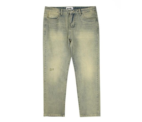 

high street washed hole frayed yellow jeans men039s harajuku retro straight pockets solid color baggy casual denim trousers5067458, Blue