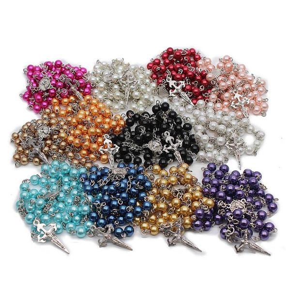 

kimter colorful pearl religious necklace jesus cross long pendant sweater chains 11 styles classic beads rosary necklaces jewelry 9966963, Silver